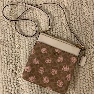 Coach Signature Kitt Coated Messenger Crossbody Bag In Floral, Brown and White